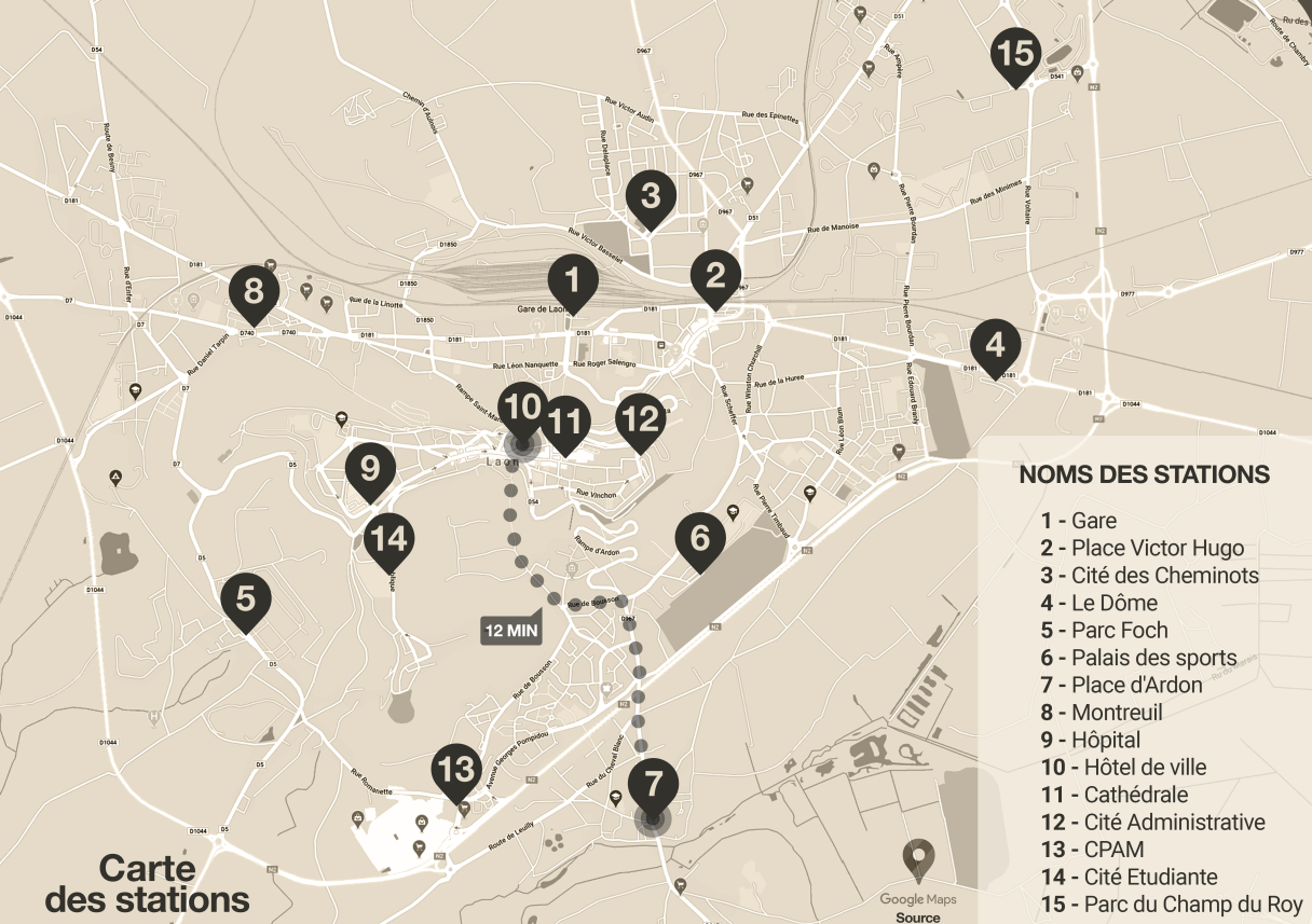 Carte du service VéloCité, un service de vélo en libre-service de l'Agglomération de Laon