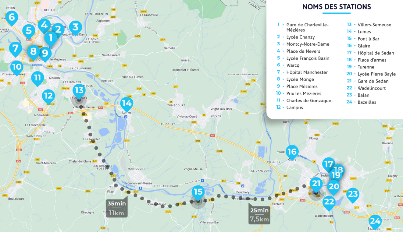 Carte des stations du service Cycl'am, un service de vélo en libre-service d'Ardenne Métropole