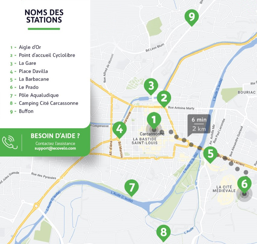 Carte des stations du service de vélo en libre-service Cyclolibre à Carcassonne