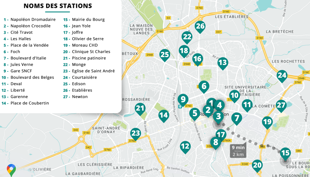 Carte du service Impulsyon, un service de vélo en libre-service de l'Agglomération de La Roche-sur-Yon