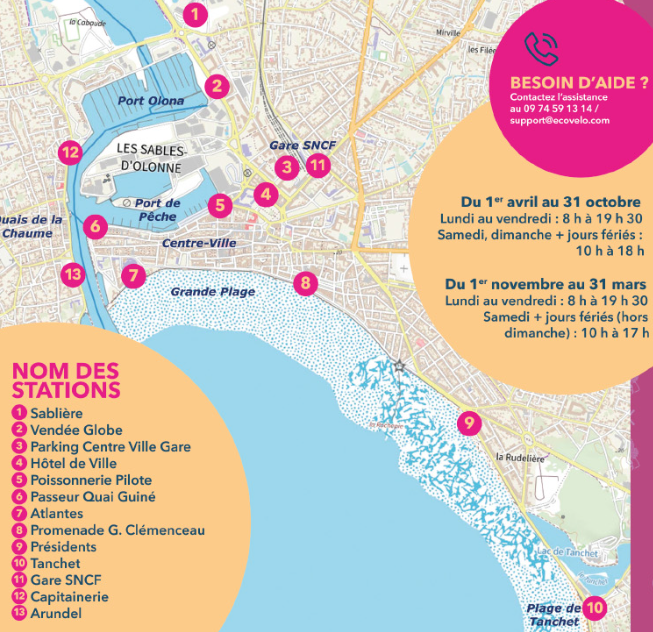 Carte des stations du service Les Petites Reines, un service de vélo en libre-service de l'Agglomération des Sables-d'Olonne