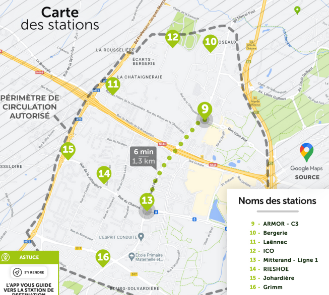 Carte des stations du service Naolib Micromob, un service de vélo en libre-service de Nantes Métropole (Saint-Herblain)