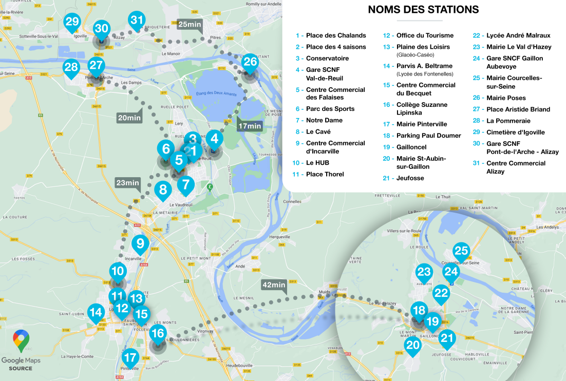 Carte des stations pour les vélos en libre-service SEMO pour l'agglomération de Seine-Eure, un service propulsé par Ecovelo