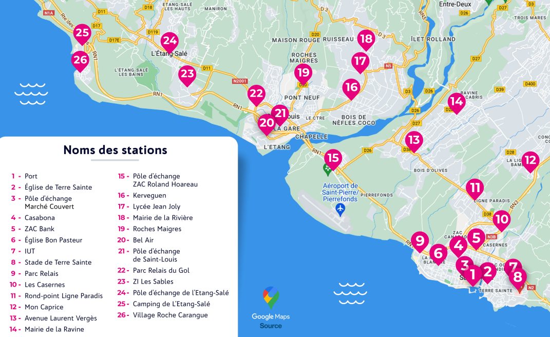 Carte des stations du service AlterVélo, un service de vélo en libre-service de Saint-Pierre à La Réunion