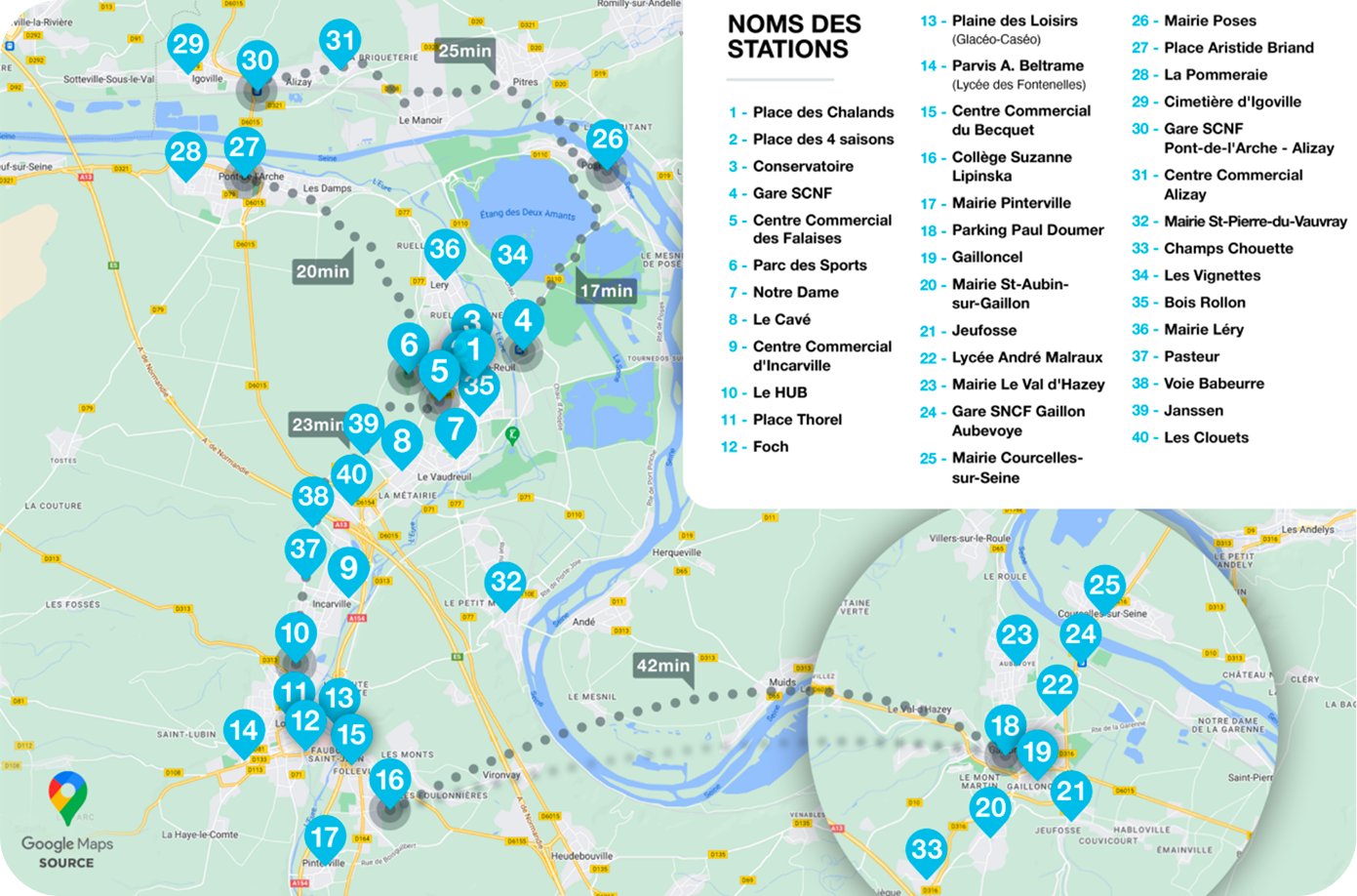 Carte des stations pour les vélos en libre-service SEMO pour l'agglomération de Seine-Eure, un service propulsé par Ecovelo
