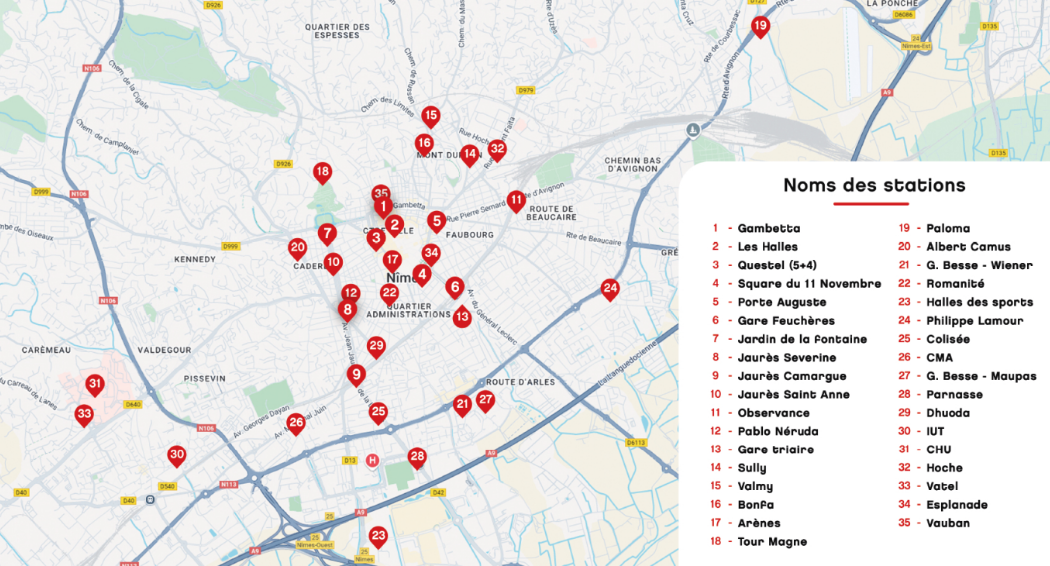 Carte des stations VLS de Nîmes Métropole