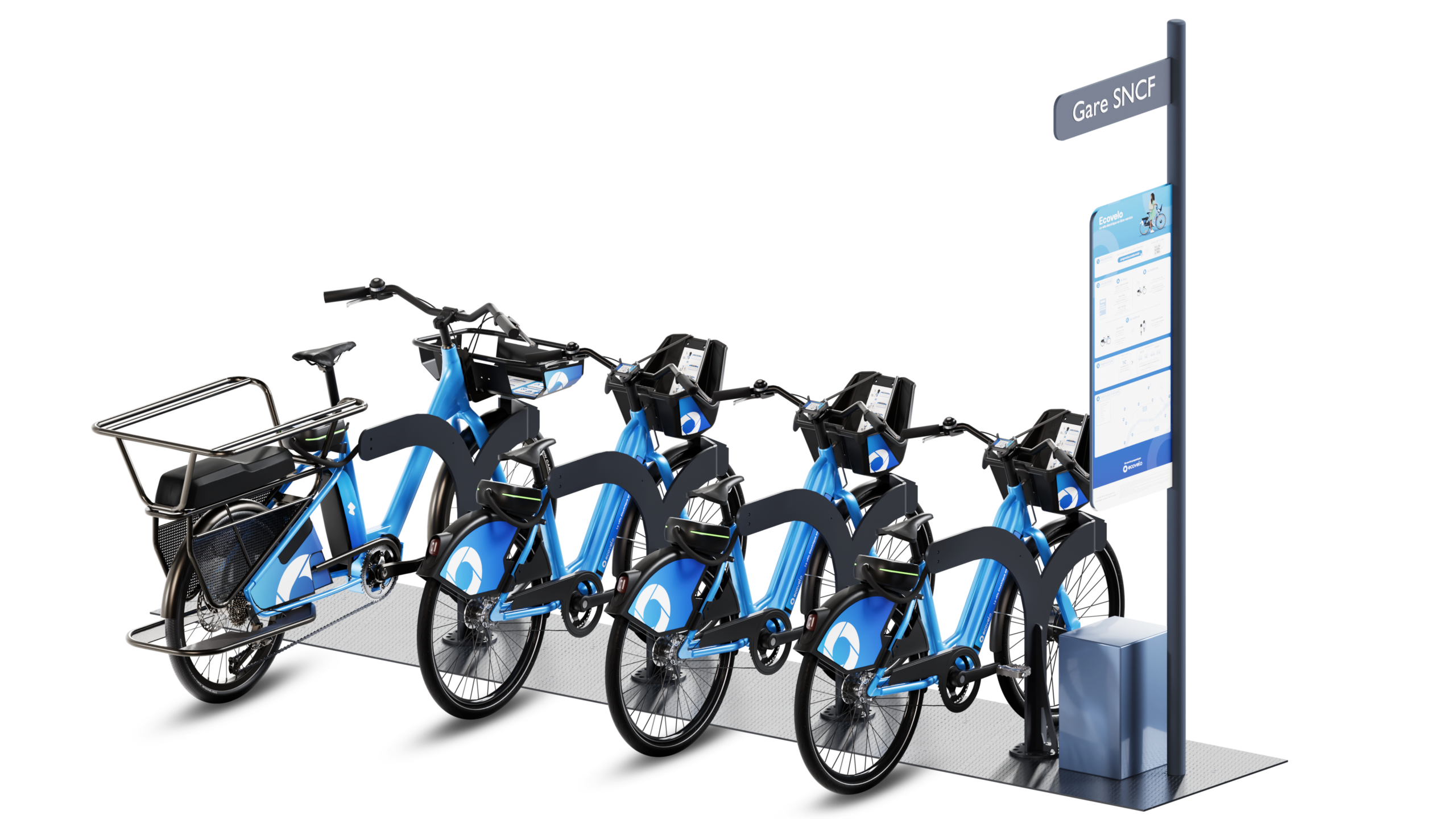 Vélo cargo en libre-service intégrée à une station de vélos en libre-service à bornes électrifiées Ecovelo