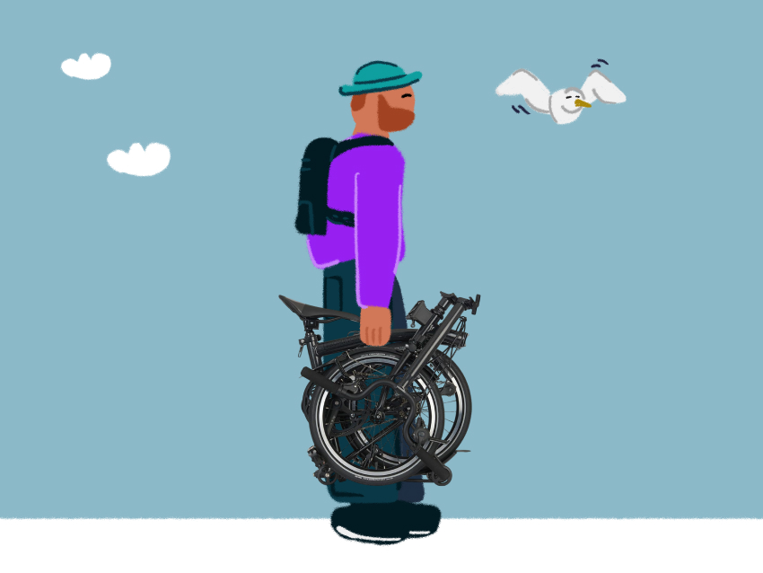 Illustration d'un usager portant le vélo pliant BreizhGo, le vélo le plus compact de la marque Brompton. Crédit : Agence Sauvage, Kera Groupe