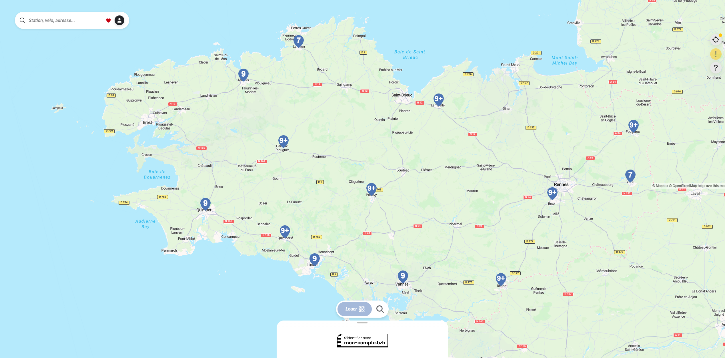Carte des 15 gares bretonnes proposant le service de vélos en libre-service BreizhGo.